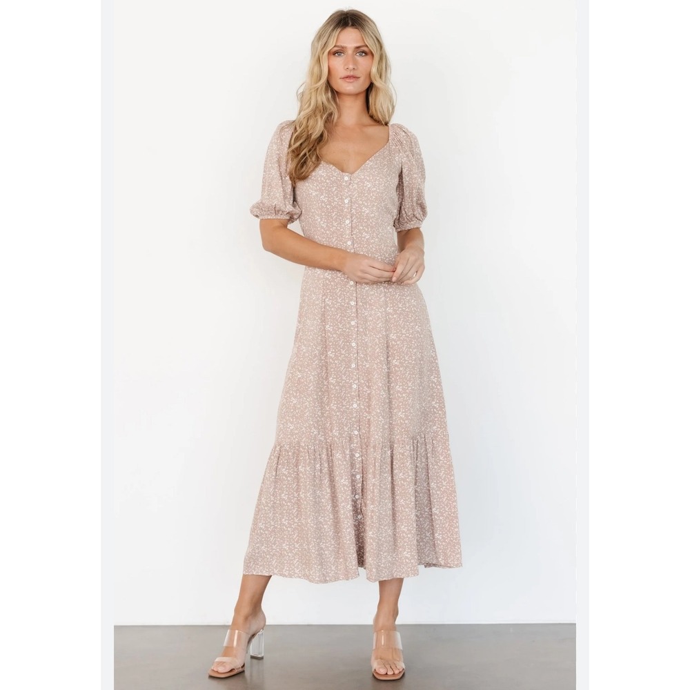 Baltic born Mathilda Maxi Dress Beige Floral Button Front Cottagecore